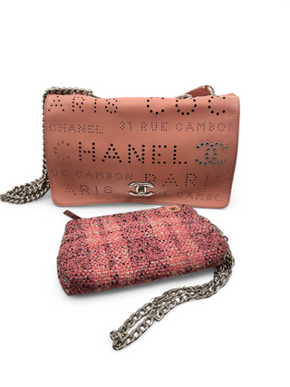 Chanel Logo Mania Eyelets Flap Bag in Perforated Calfskin with Tweed Pouch