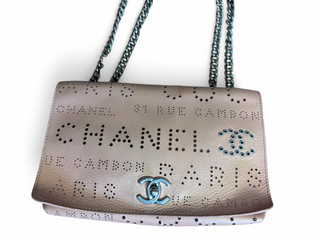 Chanel Logo Mania Eyelets Flap Bag in Perforated Calfskin with Tweed Pouch