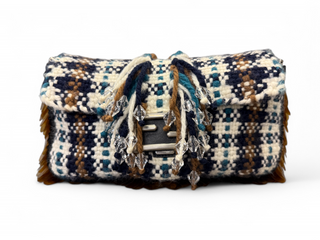 Fendi Baguette Plaid Knit Shearling with Crystals and Sequins 3 Way Clutch Crossbody Shoulder Bag