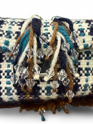 Fendi Baguette Plaid Knit Shearling with Crystals and Sequins 3 Way Clutch Crossbody Shoulder Bag
