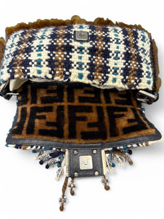 Fendi Baguette Plaid Knit Shearling with Crystals and Sequins 3 Way Clutch Crossbody Shoulder Bag