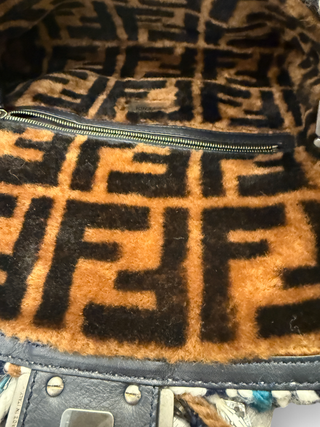 Fendi Baguette Plaid Knit Shearling with Crystals and Sequins 3 Way Clutch Crossbody Shoulder Bag